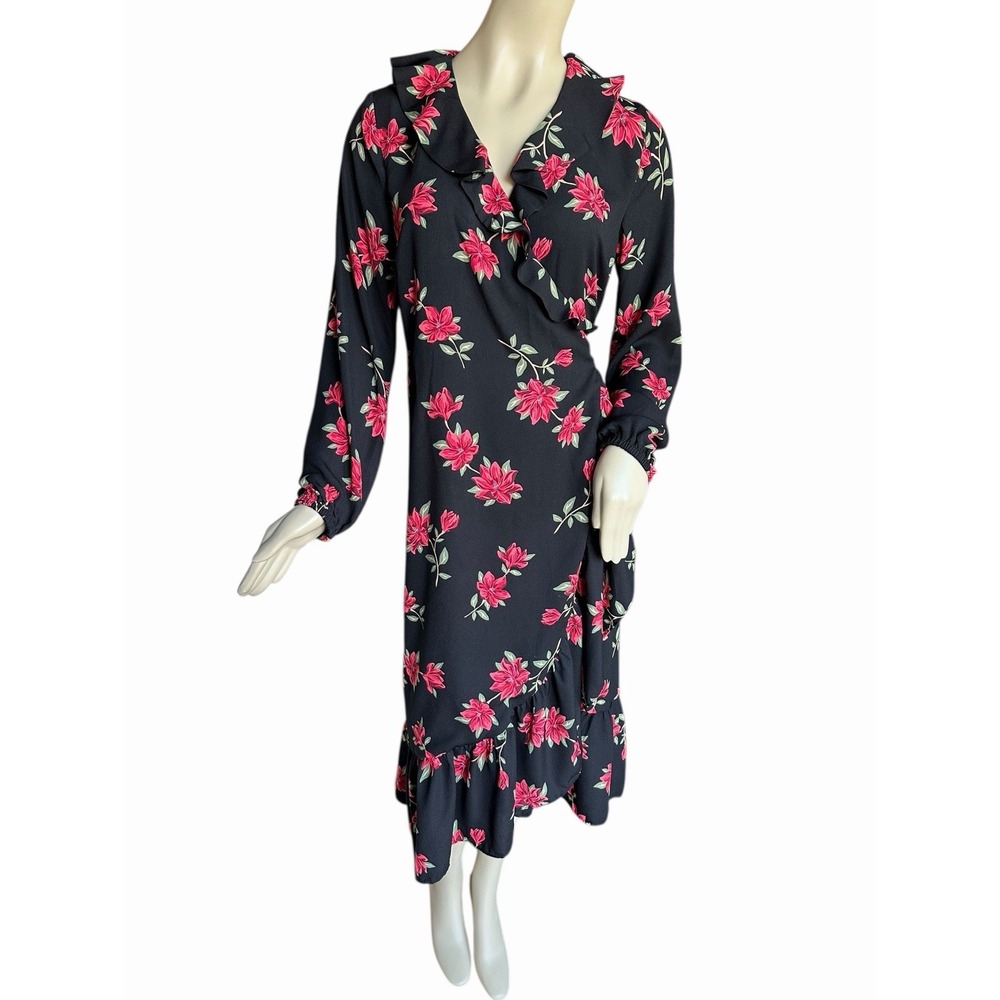 Draper James Midi Wrap Dress Sz Medium Black Red‎ Floral Long Sleeve Ruffles